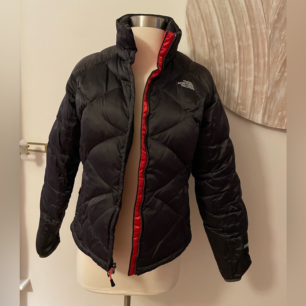 The North Face Women's Quilted Black Puffer with Red Accents 550 Down Fill